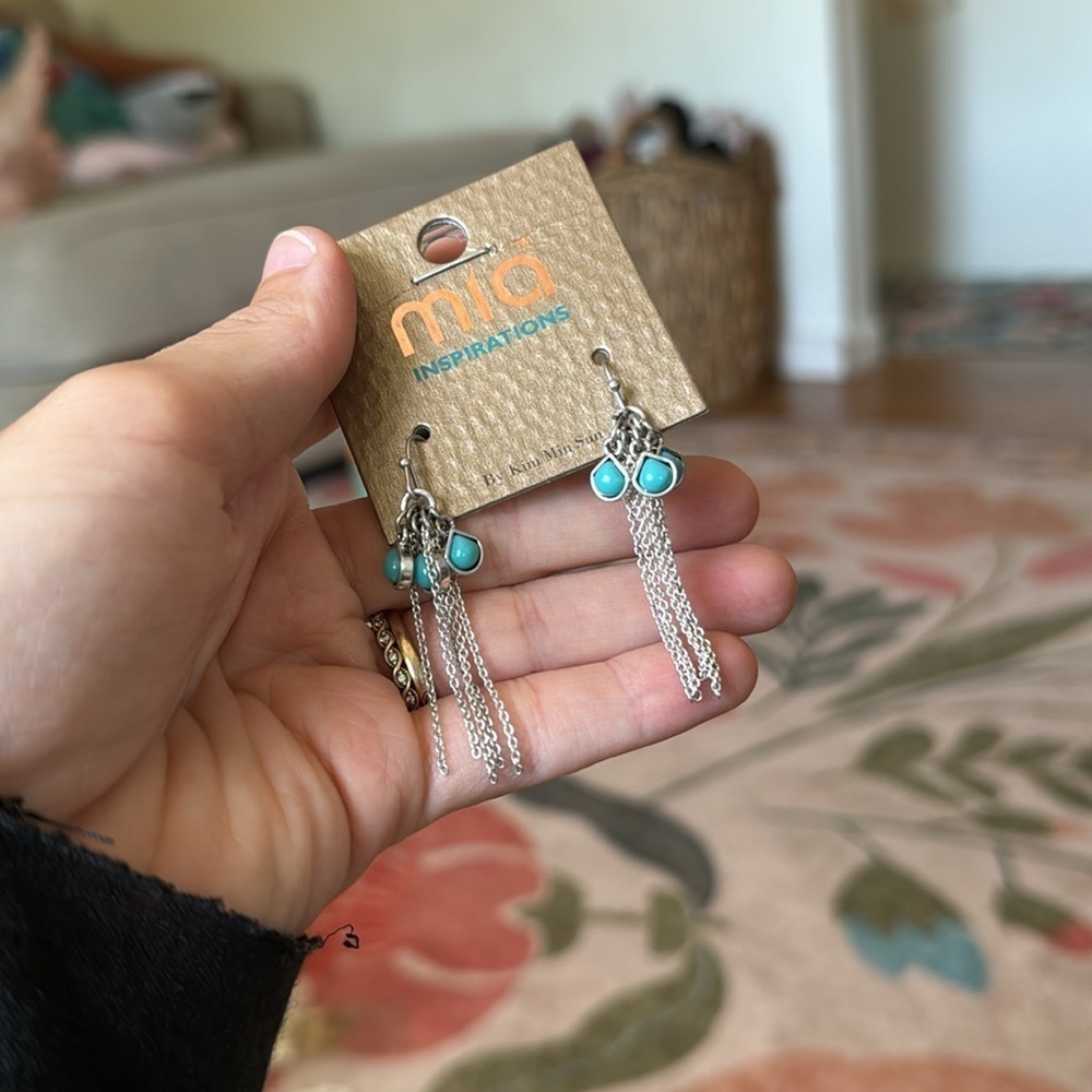 Mia Collection Inspirations Silver Turquoise Western Boho Chain Dangle Earrings - Picture 3 of 3